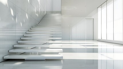 modern museum interior with a floating staircase design, where each step appears to hang in the air without support, combining engineering with visual artistry