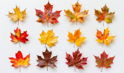 Fototapeta premium Vibrant Seasonal Maple Leaves Collection on White Background