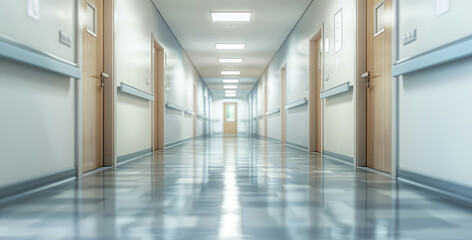 Obraz premium Blurred background of empty light color corridor in hospital or clinic