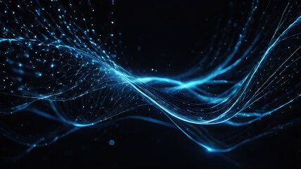 Visualize a flowing data stream where blue-toned dots and lines move dynamically across the image. The lines should have a sense of motion, curving and twisting like a river of light, with varying int