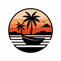 Stunning Vector T-Shirt Design: Black Outline Palm Tree and Boat Art