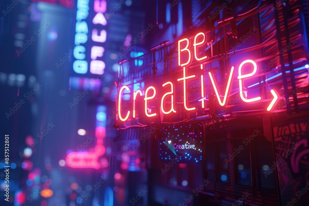 Poster letter of be creative in variant texture with bright light neon color in futuristic design with 3d d