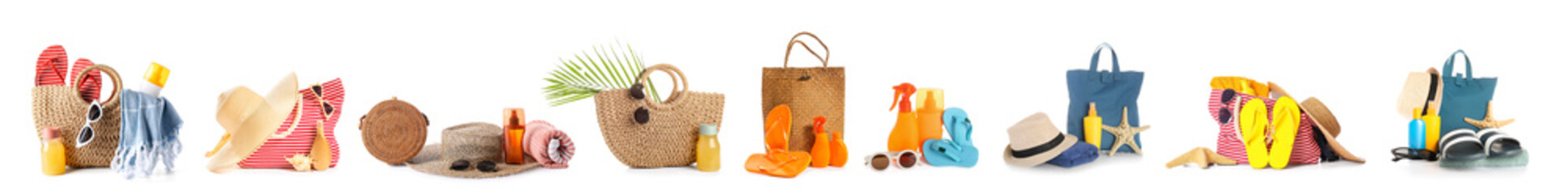 Set of beach accessories for family on white background