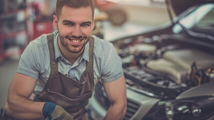 Professional Man Repairing Car in a Minimalist Setting with a Warm Smile

