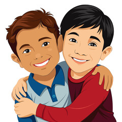 Two cartoon boys in colorful dresses smile and play together  