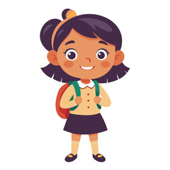 A cute cartoon little girl with a backpack smiles happily
