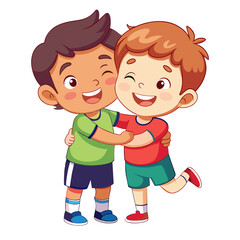 Two cartoon boys in colorful dresses smile and play together  
