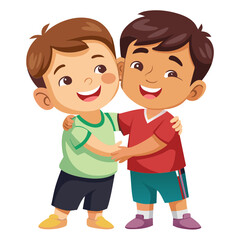 Two cartoon boys in colorful dresses smile and play together  