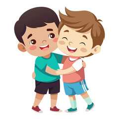 Two cartoon boys in colorful dresses smile and play together  