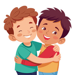 Two cartoon boys in colorful dresses smile and play together  