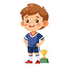 A happy cartoon boy in a soccer uniform is ready to juggle the ball at his feet