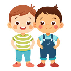 Two cartoon boys in colorful dresses smile and play together  