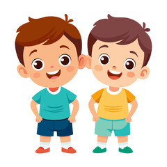 Two cartoon boys in colorful dresses smile and play together  