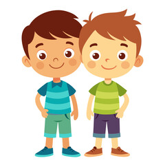 Two cartoon boys in colorful dresses smile and play together  