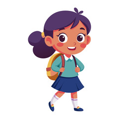 A cute cartoon little girl with a backpack smiles happily