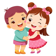 Two cartoon girls in colorful dresses smile and play together  