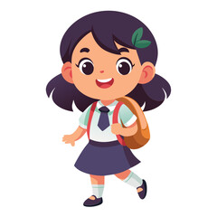 A cute cartoon little girl with a backpack smiles happily