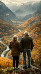 Obraz premium Elderly couple overlooking autumn mountain valley scenery, romantic travel and nature appreciation concept