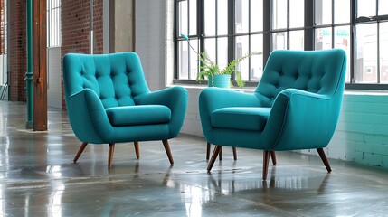 pair of mid-century modern armchairs in a vibrant teal color, adding a pop of retro flair to a living room with polished concrete floors and large windows