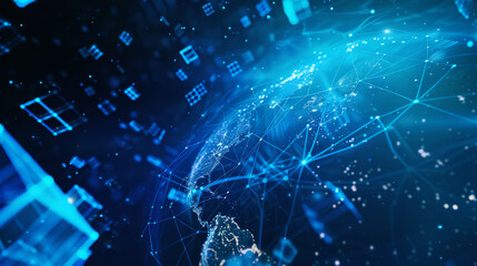 Obraz premium Futuristic blue background with Earth's map. Satellites transmit signals. Global internet connects people worldwide. Technology and future intertwined. Blue geometric shapes float in space.