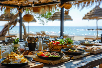 Beachside dining setup featuring a variety of food platters under a shaded canopy