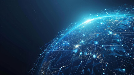Futuristic blue background with Earth's map. Satellites transmit signals. Global internet connects people worldwide. Technology and future intertwined. Blue geometric shapes float in space.
