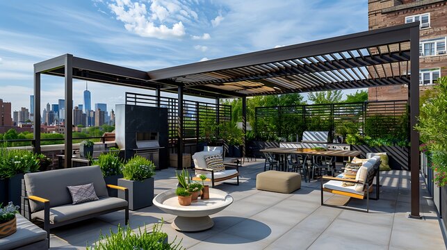 rooftop terrace with custom-designed metal pergolas that provide shade and a modern aesthetic, enhancing outdoor living spaces in urban environments