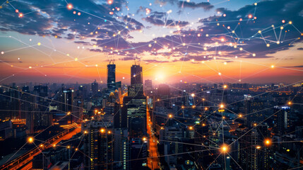 Fototapeta premium Smart city networks connect with digital technologies, creating a virtual world. Telecommunication and data connections let people and devices communicate.