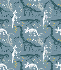 Vector pattern illustration of colorful and stylized dinosaur silhouettes.