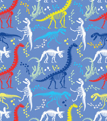 Vector pattern illustration of colorful and stylized dinosaur silhouettes.