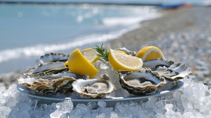 Fresh oysters on ice with lemon slices on the beach, shallow depth of field