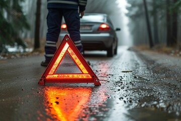 Broken silver luxury car emergency accident. Man driver installing red triangle stop sign on road. Sport automobile turned on blinkers technical problems on the road. Safety procedure vehicle broken