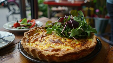Delicious homemade quiche Lorraine with arugula and cheese