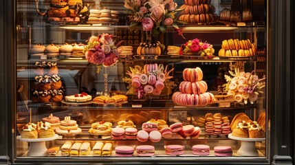 Assortment of macaroons in a shop window in Paris, France