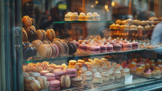 Colorful macaroons in a shop window in Paris, France