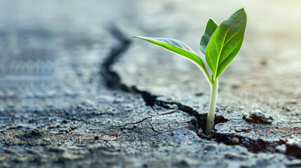 Emerging from adversity, a new beginning takes root. A cracked surface represents challenges, but a green sprout symbolizes growth and recovery in the face of economic crisis.