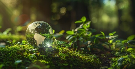 Forest ecosystem. ESG eco concept. Conservation and ecology environment. Nature spring background. Glass globe in forest