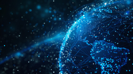 Abstract blue globe illustration with glowing particles symbolizes digital economy. It represents innovation and technology concepts in the metaverse.