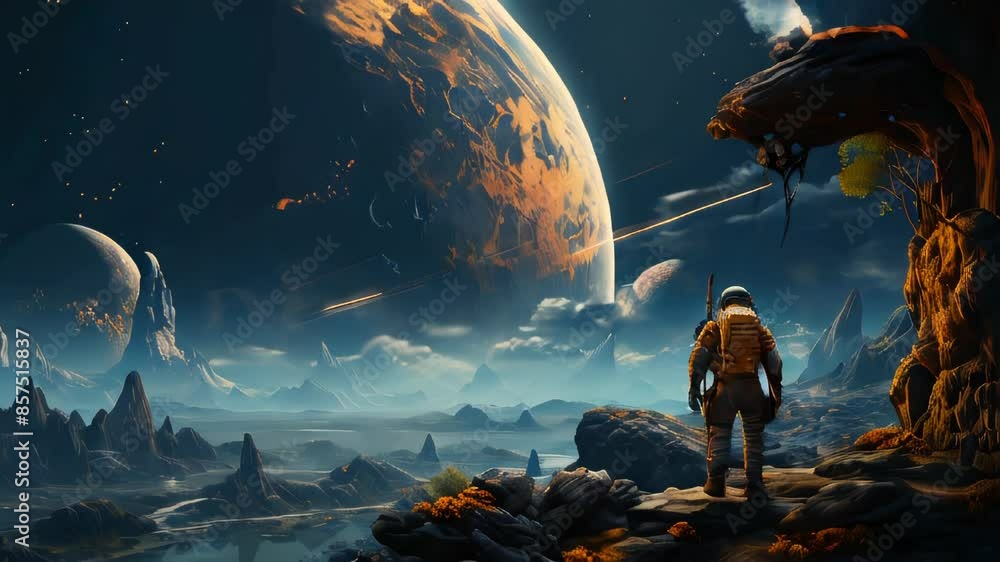 Poster astronaut in a spacesuit on an asteroid or planet moon in outer space