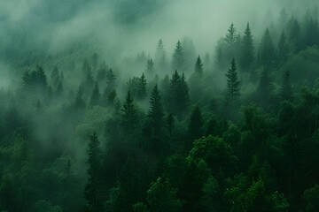 Mountain landscape with forest in the fog, copy space. Meditation and calmness concept