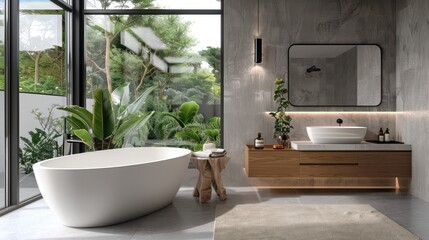 Fototapeta premium Modern minimalist bathroom interior, modern bathroom cabinet, white sink, wooden vanity, interior plants, bathroom accessories, bathtub and shower, white and blue walls, concrete floor.