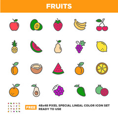 Fruits Related Simple Vector Color Line Icons. Contains such Icons as Apple, Banana, orange, strawberry and more. Free 48x48 Pixel Ready To Use.