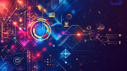 Technology background with arrow chart, showing digital transformation and business growth. The futuristic design includes data, investment, and currency elements.