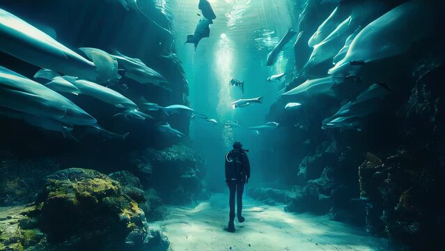 A diver in a diving suit swims underwater with fish and corals