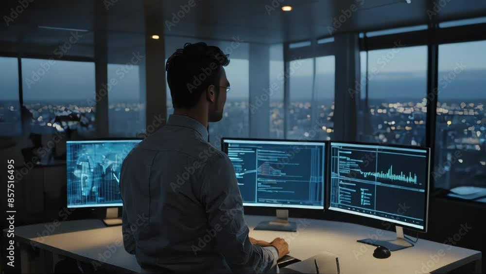 Poster back view data scientist analyzing big data, with visualizations on the screen, in a contemporary of