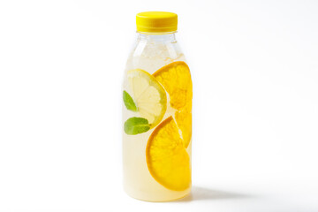 Fresh Citrus Juice in Bottles with Orange Slices and Green Leaves on White Background for Healthy Concept