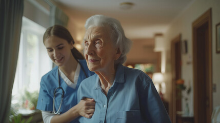 Fototapeta premium Young caregiver assisting senior woman to walk . Home health care service