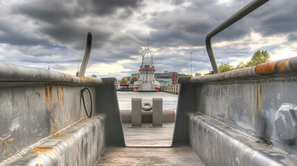 Rusty metal bow of barge docked in industrial harbor