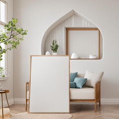 Frame mockup with miror reflect, Big paper size. Living room wall poster mockup. Interior mockup with house background. Modern interior design. 3D render