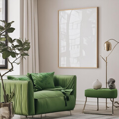 Frame mockup with miror reflect, Big paper size. Living room wall poster mockup. Interior mockup with house background. Modern interior design. 3D render